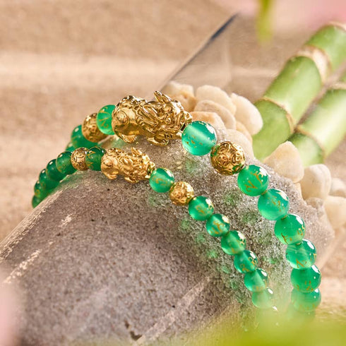 Mini Pixiu Feng Shui Bracelet | EARTH Element | Green Agate x 18k Gold